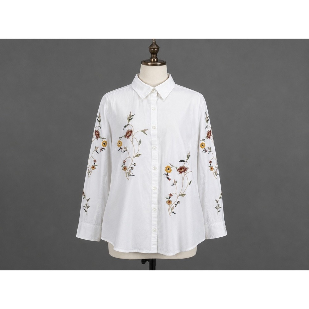 Cottagecore Floral Embroidered Button Shirt Boho White
